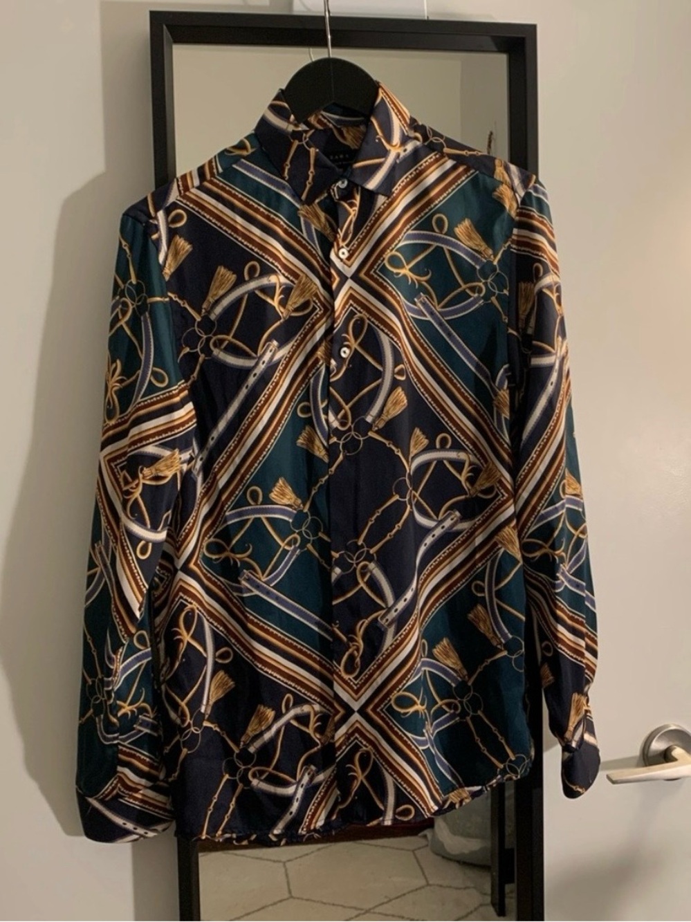 ZARA Satin Luxury long sleeve dress shirt with bold green and gold design